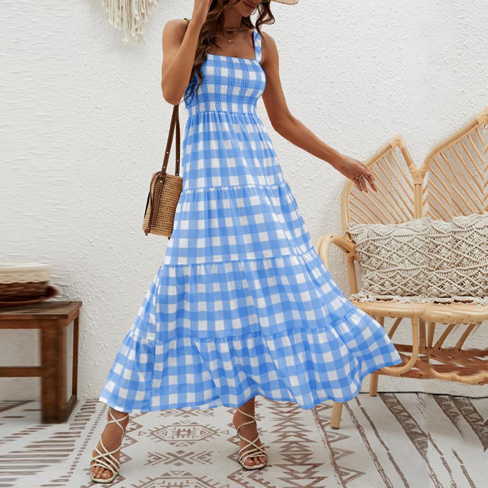 

Женское летнее повседневное струящееся длинное платье с квадратным вырезом и рюшами на бретельках, пляжное вечернее платье XXL синий