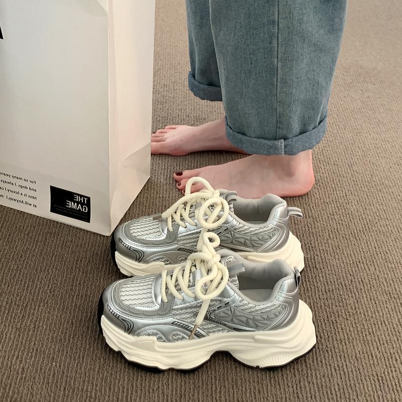 

Breathable mesh dad shoes spring and summer new thick-soled fried street small casual sports shoes 35 серебряный