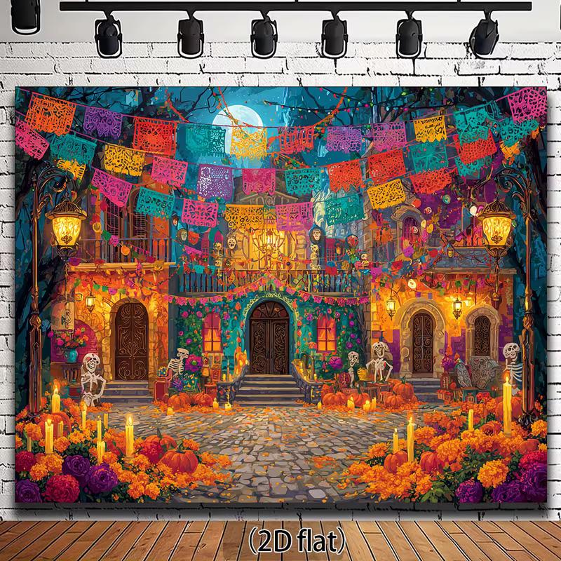 

2D Día de los Muertos Street Scene Wall Tapestry, Colorful Mexican Holiday Backdrop for Living Room 47.2x31.5inch/120*80cm