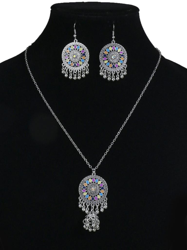 Bohemian Style Earring Necklace Set with Retro Ethnic Style Inlaid Multi-color Zircons for Women's Set