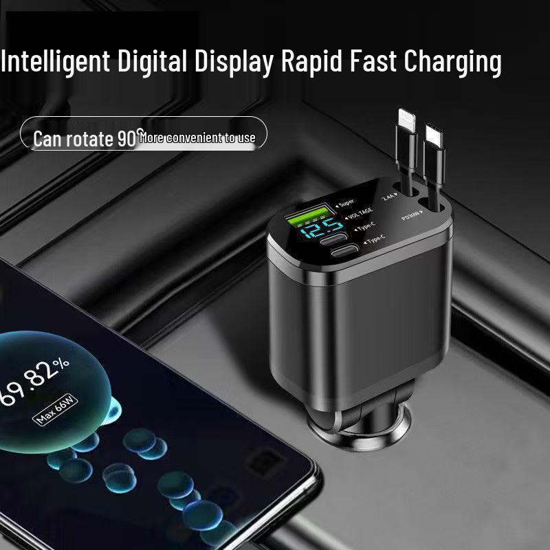 Dual-Line Retractable Car Charger with Digital Display, PD Fast Charging for Huawei & Apple.