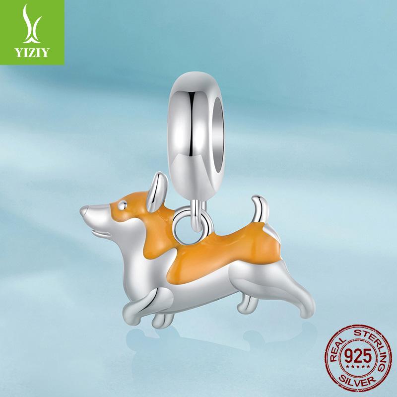 S925 Sterling Silver Cute Pet Puppy Corgi Pendant Diy Necklace Bracelet Beaded Fashion Loose Bead Accessories