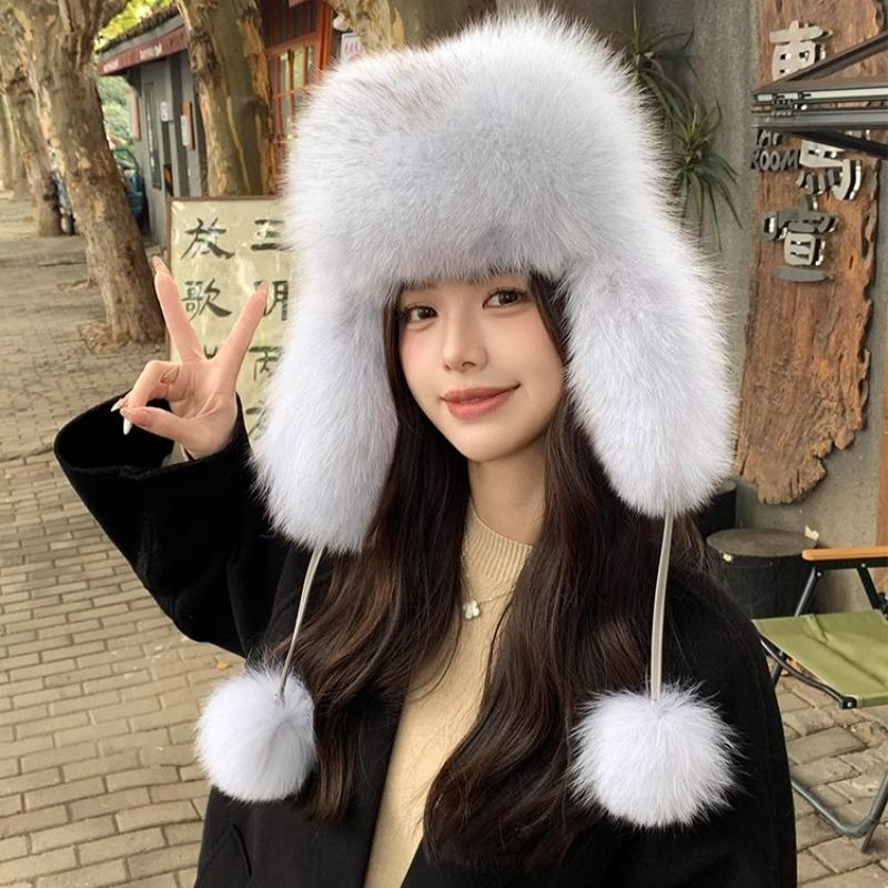 Fox Fur Ear Protection Fur Lei Feng Hat Female Ski Hat Parent-child Furry Hat Headband Hat Thickened Warm Snow Hat