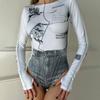 Women European American Style Printed Crew Neck Long Sleeve Slim Fit Casual Bodysuit