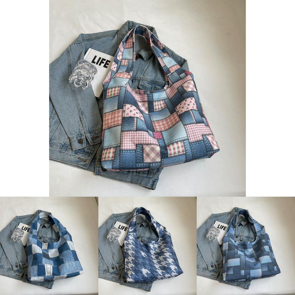 Large Checkered Canvas Tote Bag With Retro White Brown And Plaid Pink Design Street Style Chic