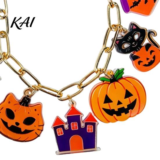 Cute Holiday Costume Accessory Halloween Charm Bracelets for Women, Spooky Pumpkin Cat Ghost Castle Pendant Adjustable Gift Girls Bracelet, Metal Drop