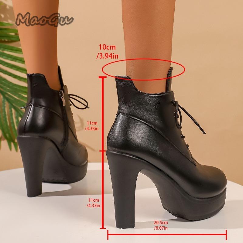 Leather Black Side Zip Women's High Heel Short Boots Lace-up Platform Shoes for Women Comfortable Autumn Winter  De Mujer