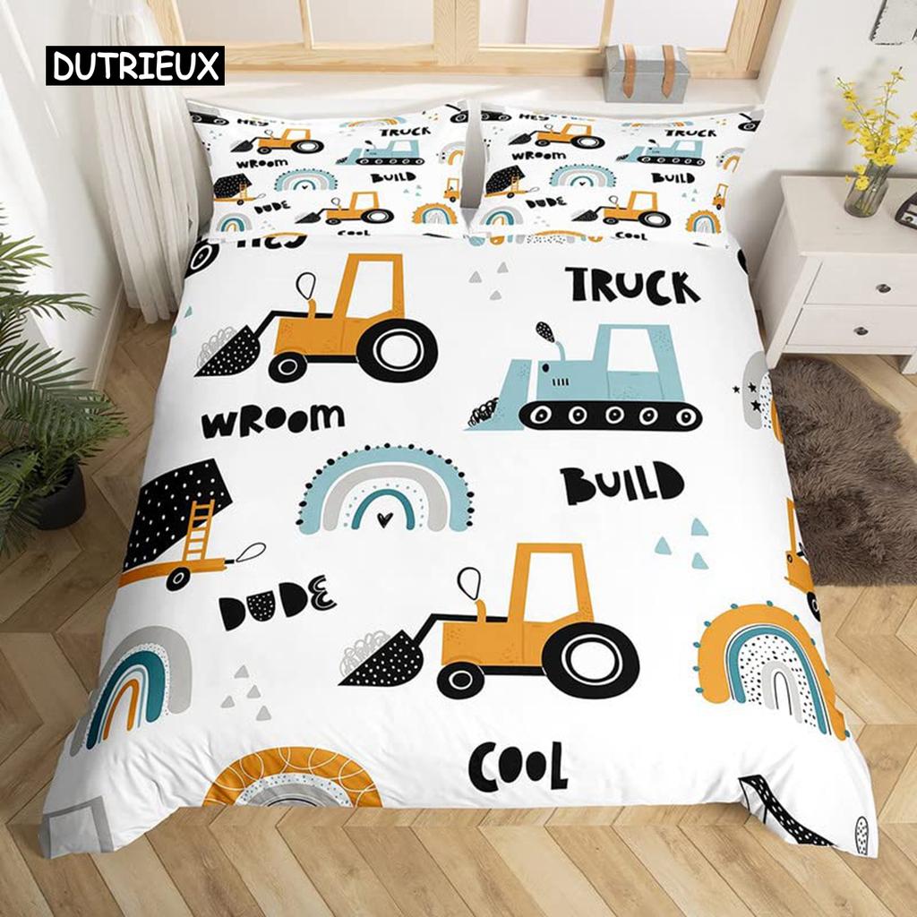 LKW Bagger Bettbezug Set Queen Size für Kinder Kinderzimmer Cartoon Traktor Baufahrzeug Konstruktionsthema Bettwäscheset