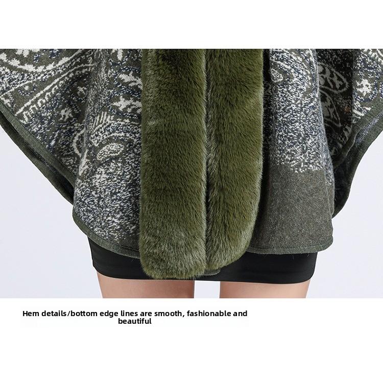 GMXIA Autumn and Winter Imitation Rex Rabbit Fur Collar Jacquard Shawl Cape Plus-size Woolen Coat Cardigan for Women