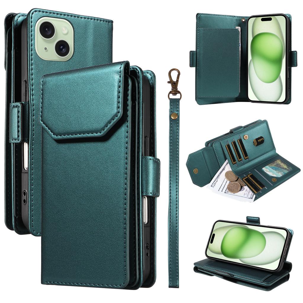 For iPhone 15 Plus Case with Multi-Card Holder and Strap PU Leather Phone Cover Stand