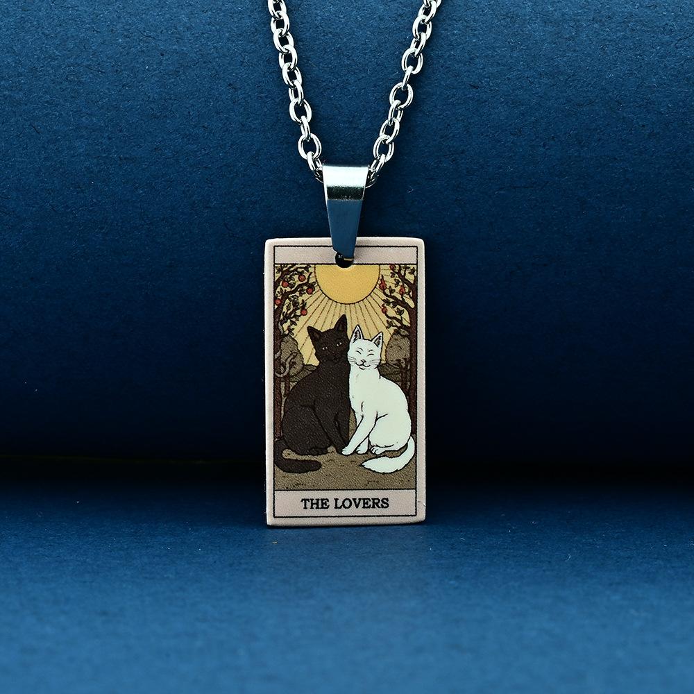 Stainless Steel Cat Tarot Card Necklace for Men Women Animal Divination Jewelry Accessory