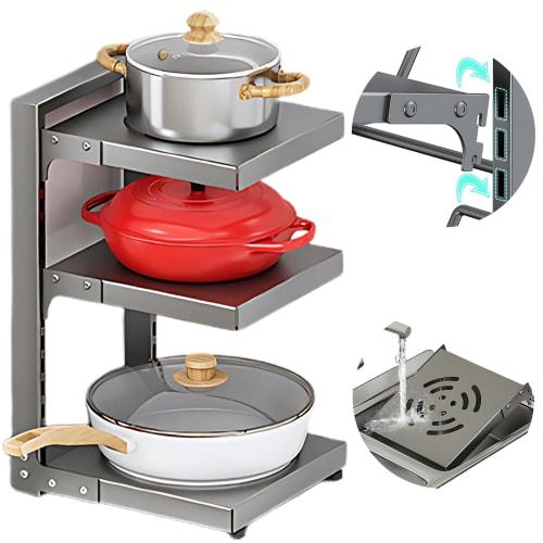 Mellbo Frying Pan Stand, Storage, Frying Pan Holder, Under-Sink, Adjustable Height, Carbon Steel, 3 Tiers, 43*28*23cm, Gray