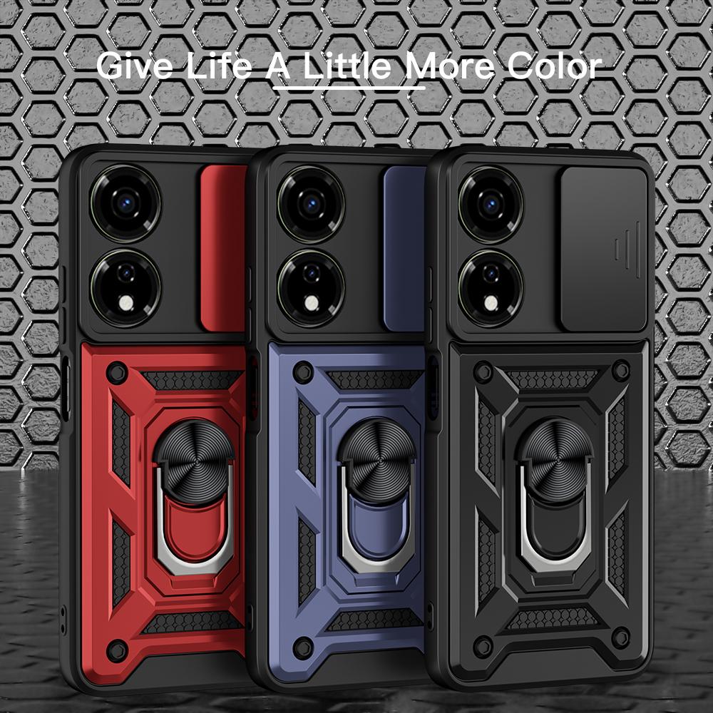 KEYSION Shockproof Armor Case for Itel P55 5G Silicone+PC Slide Camera Lens Protection Ring Stand Phone Cover for Itel P55 5G