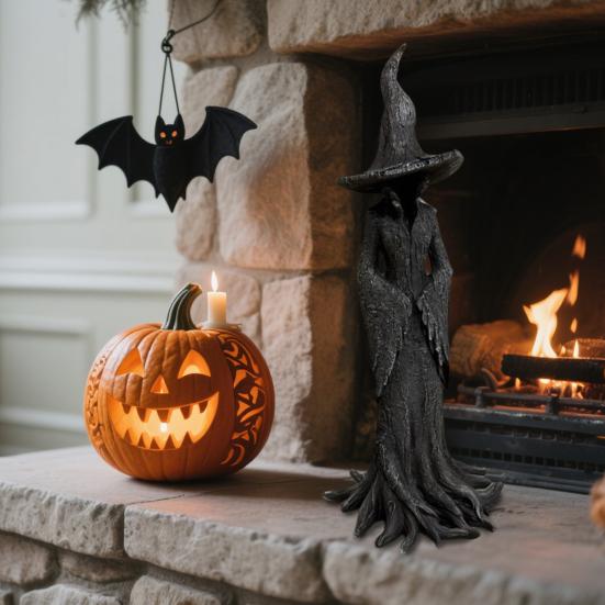 Halloween Tree Root Witch Statue Spooky Black Witch Figurine Resin Sculpture Home Office Holiday Party Decoration Ornament