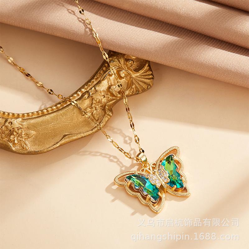 Butterfly Necklace Women'S Light Luxury Simple Personality Trend Inlaid Colorful Pendant Collarbone Chain