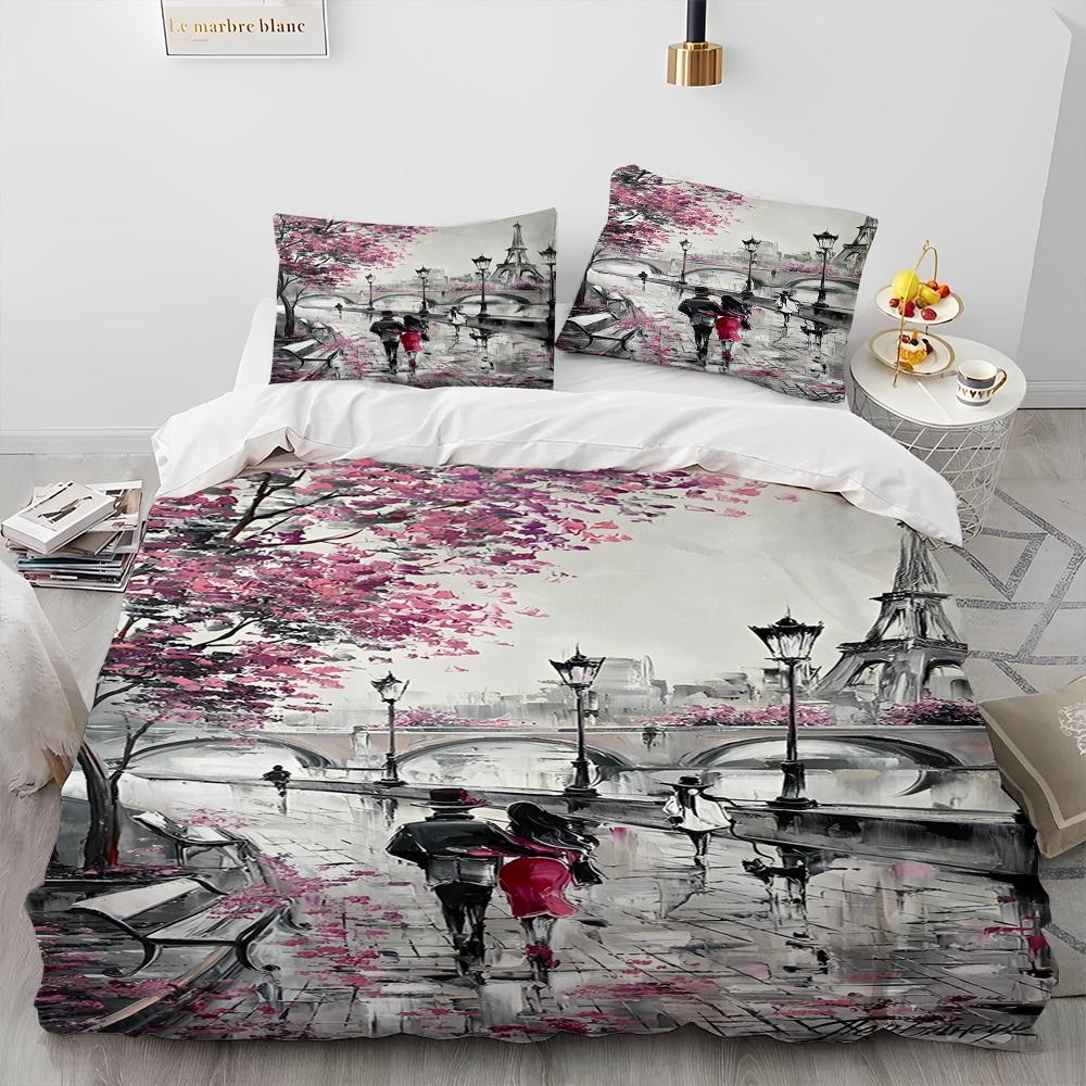 France Paris Eiffel Tower Romantic Comforter Bedding Set,Duvet Cover Bed Set Quilt Cover Pillowcase,King Queen Size Bedding Set