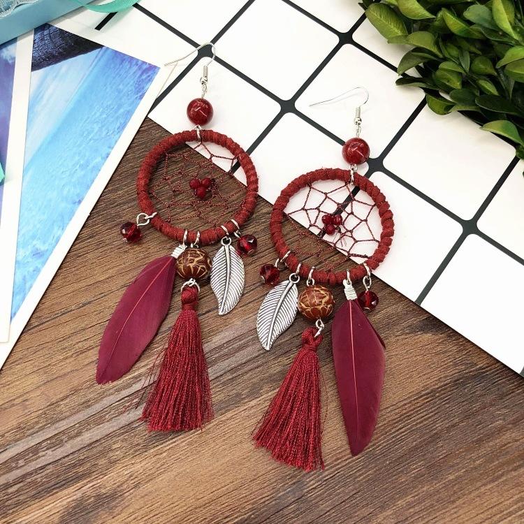 European and Korean Temperament Dream Catcher Element Earrings Female Bohemian Seaside Vacation Feathers Fringed Earrings Versatile Earrings