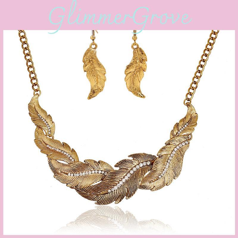 Fashion Rhinestone Decoration Feather Design Women Gold Necklace And Earring Set For Gift Giving And Travel Souvenirs