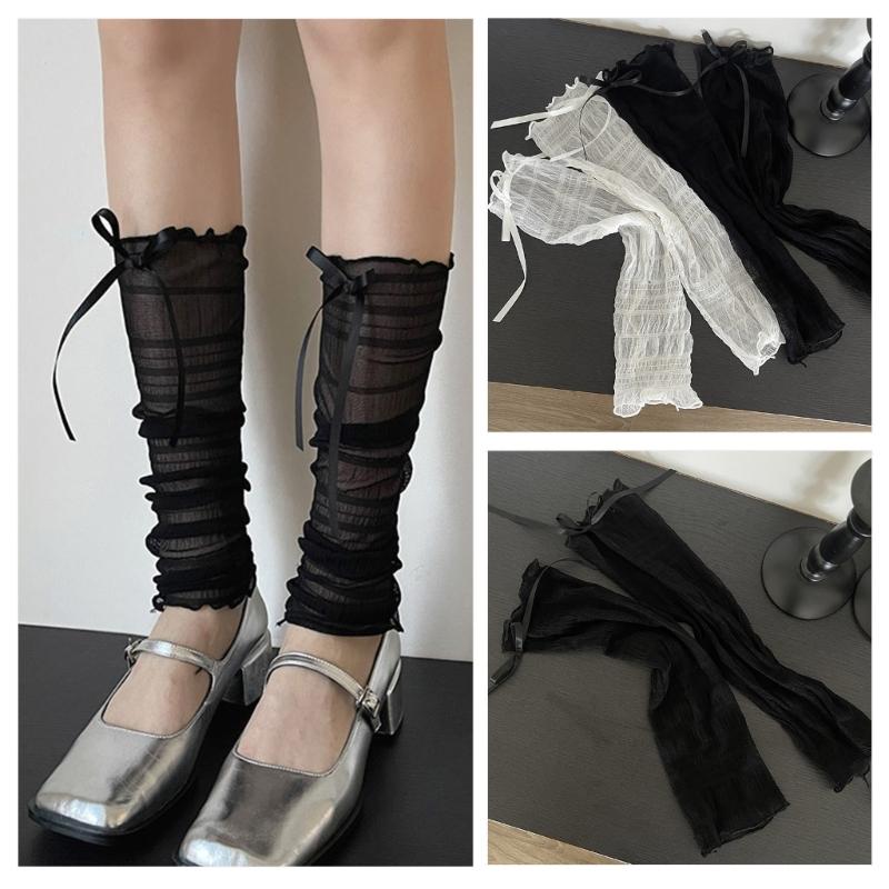 Womens Girls See Through Ruched Mesh Loose Leg Warmer Cute Ribbon Bowknot Lightweight Leg Cover Footless Lace Socks
