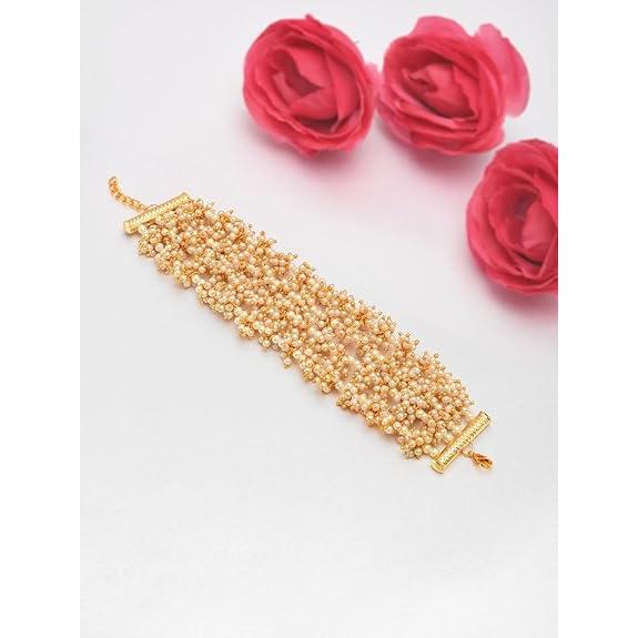 Antique Gold Tone Multi strand Clustered Pearls Ethnic Bracelet For Women