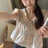 Colorful Checkered Women's Shirt Peter Pan Collar Bow Tie Lace Up Ruffle Edge Pleated Puff Sleeves Blouse Summer New Version Sweet Female's Top