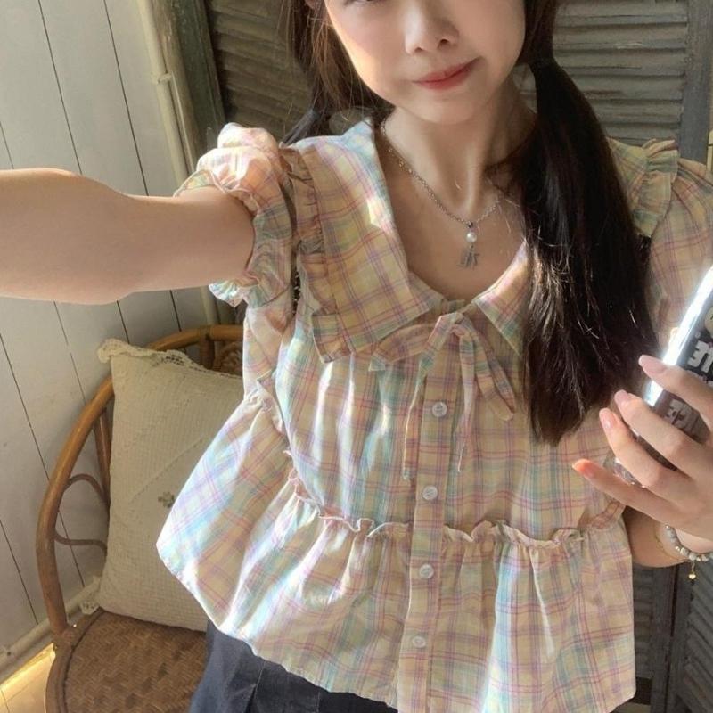 Colorful Checkered Women's Shirt Peter Pan Collar Bow Tie Lace Up Ruffle Edge Pleated Puff Sleeves Blouse Summer New Version Sweet Female's Top