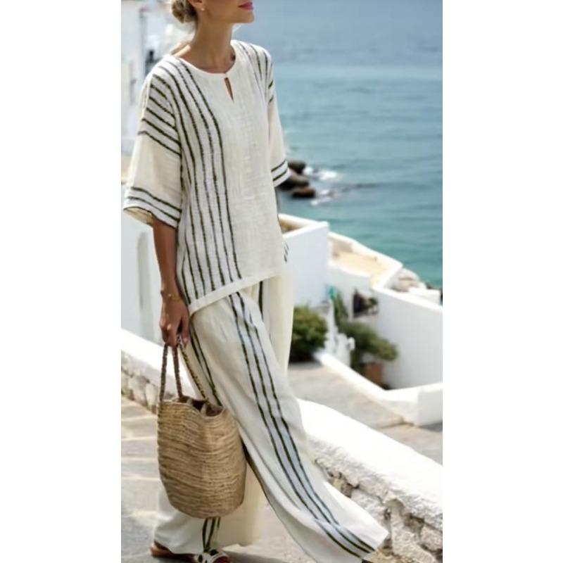 QICED Women s Fashion Casual Short Sleeve O-Neck Pants Suits S