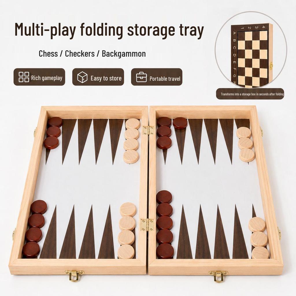 Faltbares tragbares Holz-Brettspiel-Set: Schach, Backgammon, Dame - Lernspielzeug.