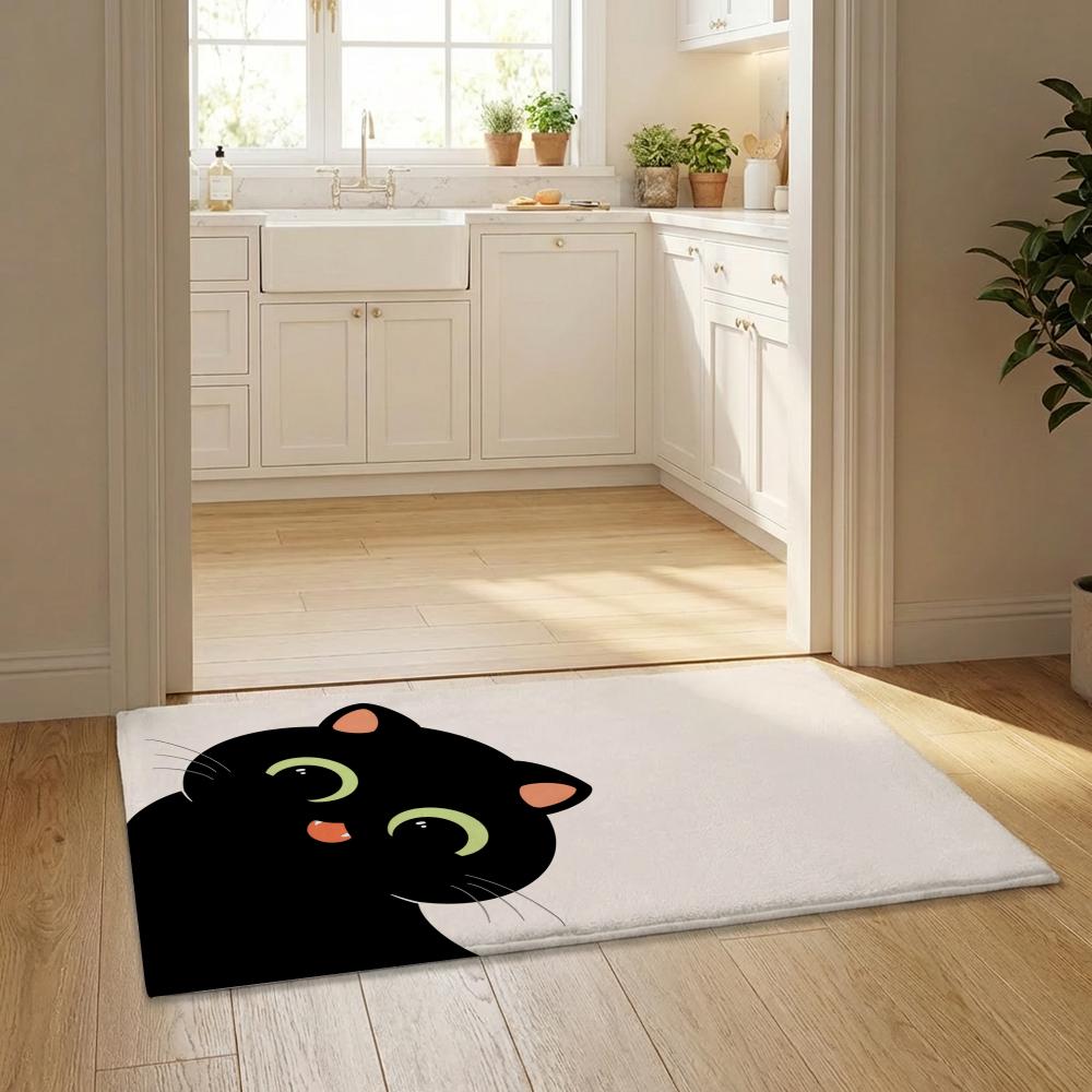 Cartoon Cute Black Cat Kawaii Floor Mat Flannel Door Mat Non-Slip Bedroom Living Room Home Decor