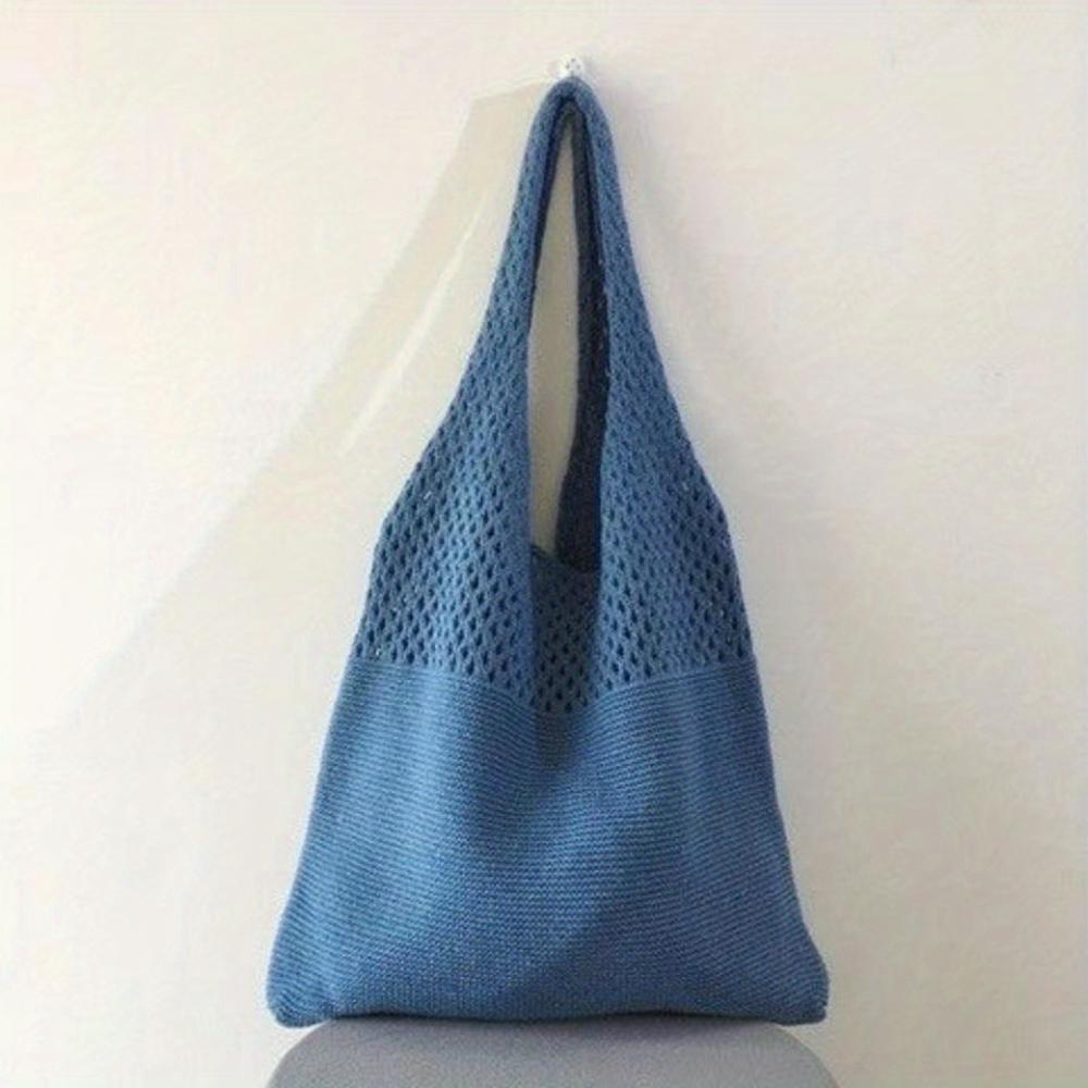 Minimalist Retro Hollow Knitting Bag For Women, Woven Yarn Shoulder Tote Bag, Large Capacity Breathable Shopping Handbag For Daily Outdoor Use
