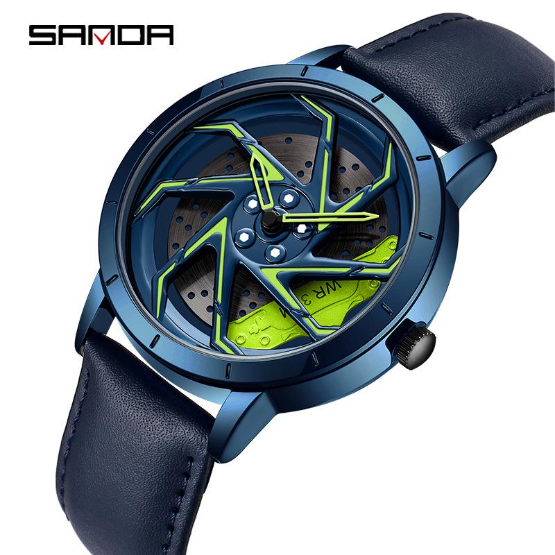 Sanda Men's Creative Wheel Quartz Watch - Trendy Rotating Waterproof Wristwatch
