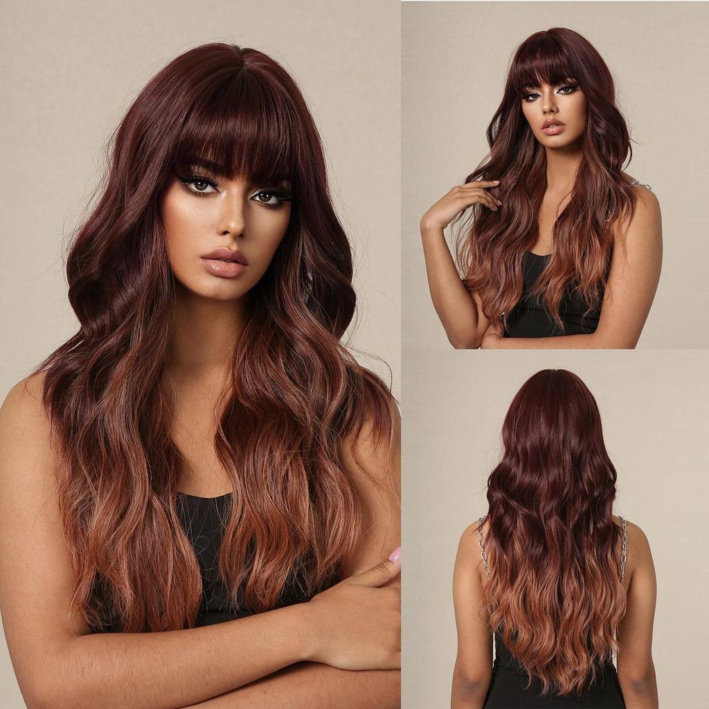 LOUIS FERRE Schwarze gewellte synthetische Perücken für Frauen, natürliches langes Haar mit Pony, hitzebeständige Faserperücke für den täglichen Gebrauch