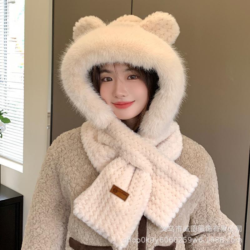 Winter cute sweet girl hat scarf gloves two-piece set women's velvet thickened warm ear protection scarf integrated
