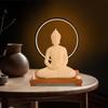 Ceramic Buddha Statue W/ LED Halo, Adjustable 6-Level Dimming, 16-In Meditation Figure, Wood Base, Zen Home Decor, Accent Light