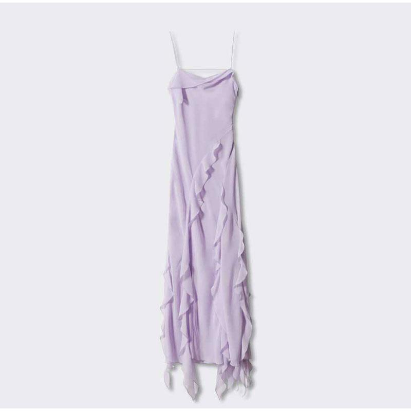 Ruffles Floral Backless V-neck Long Female Camisole Beach Dresses Summer Vacation Side Split Lady Robe