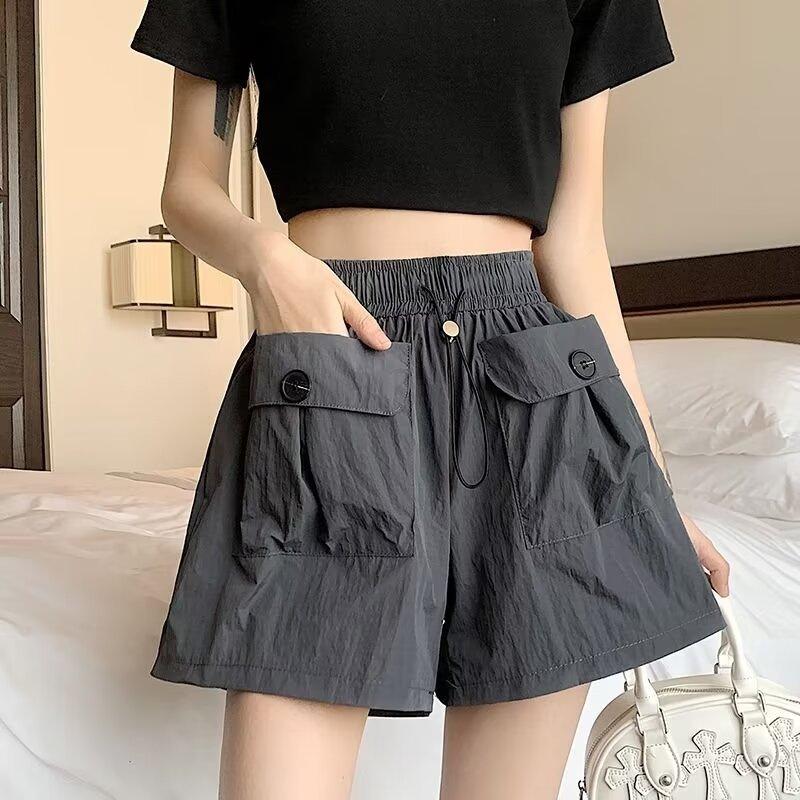 Hose Damen Sommer Hohe Taille und Dünnes Designgefühl Große Tasche Kordelzug A-Wort Lässige Weitbeinige Hose