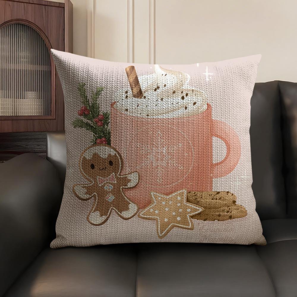 Christmas Pink Gingerbread Cushion Cover Natural Linen Organic Fabric Double-Sided Printing Sofa Home Decor Gift Pillow Case