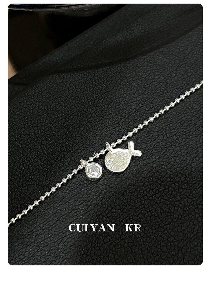 Cui Yan S925 Sterling Silver Korean Fish Round Diamond Bracelet – Women's Stackable Plain Silver Jewelry, Best Friend Gift.