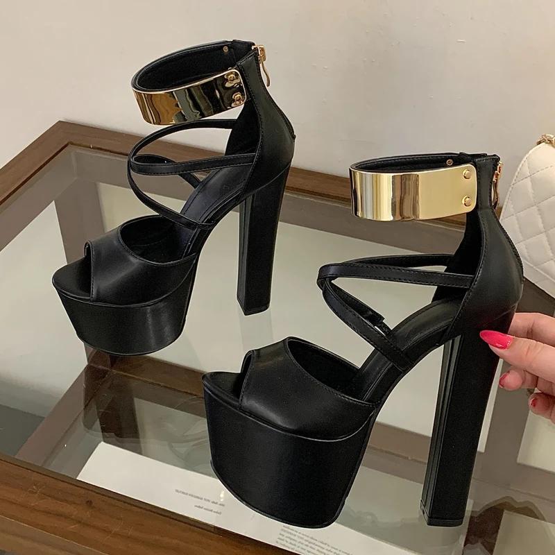 

Pesstwei Summer Fashion Nightclub Gold Sequins Thick High Sandals Ultra-high Platform Women Rear Zipper Banquet Party Dress Shoes 35 чёрный