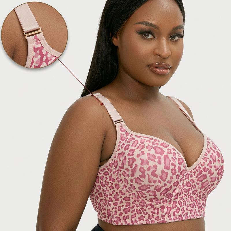 European Plus Size Leopard Print Adjustable Tank Style Full Cup Bra for Women