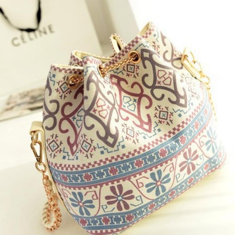 Oxford Canvas Bucket Bag For Women With Flower Print Design And Chain For Daily Use