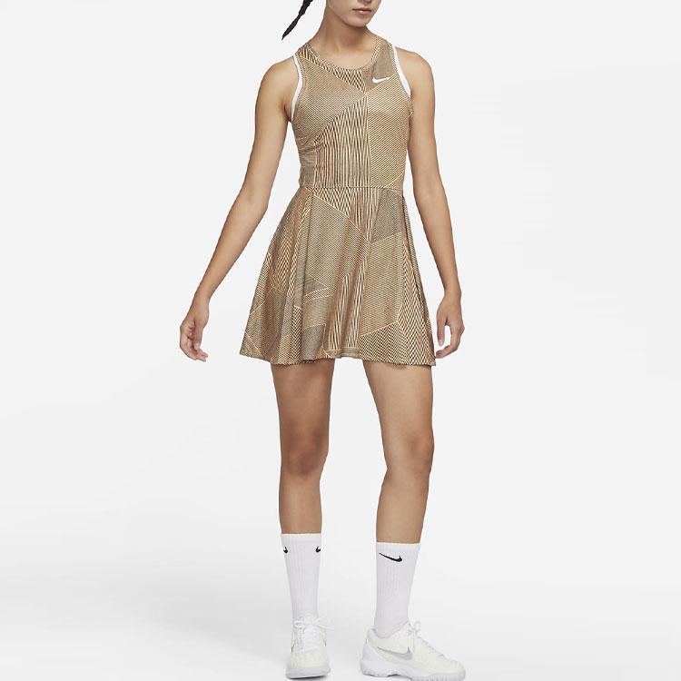 Nike Dri-Fit Striped Print Quick-Dry Breathable Sleeveless A-Line Tennis Dress Women Dress Brown DD2745-811