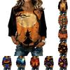 Women's Casual Halloween Print Round Neck Three Quarter Sleeve Linen Cotton Blend Top Comfortable Loose Fit Autumn Shirt