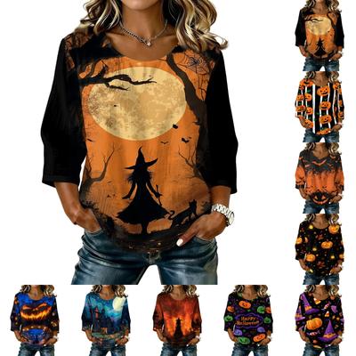 Women's Casual Halloween Print Round Neck Three Quarter Sleeve Linen Cotton Blend Top Comfortable Loose Fit Autumn Shirt