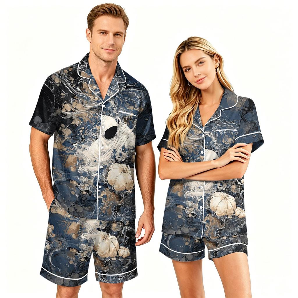 Couple Matching Halloween Pajama Set Short Sleeve Button Down Shirt with Hem and Shorts Set Soft Casual Sleepwear S To XXXXL