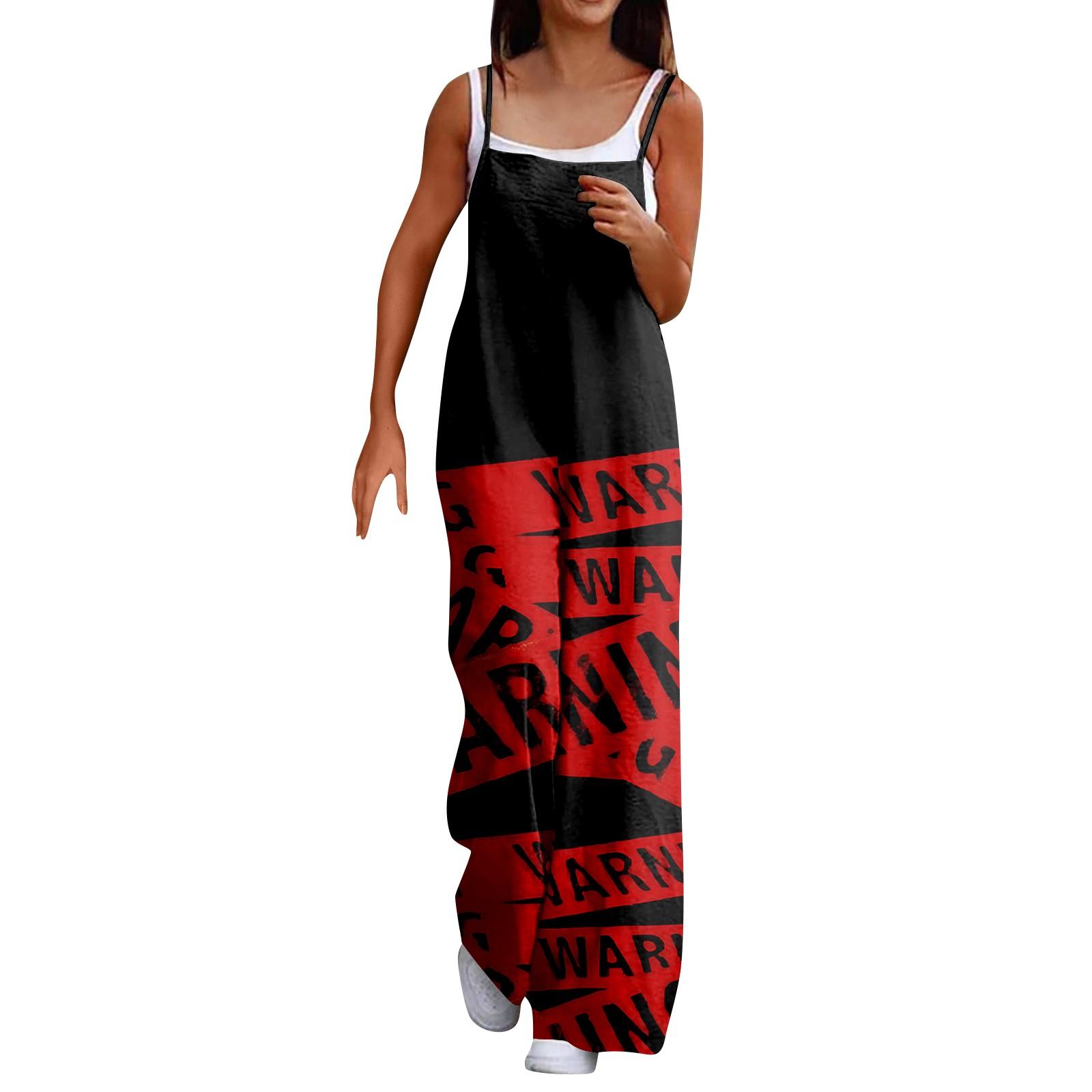 

Широкий комбинезон для женщин, повседневный свободный комбинезон без рукавов с принтом и пуговицами, длинные брюки, комбинезон с карманами L чёрный