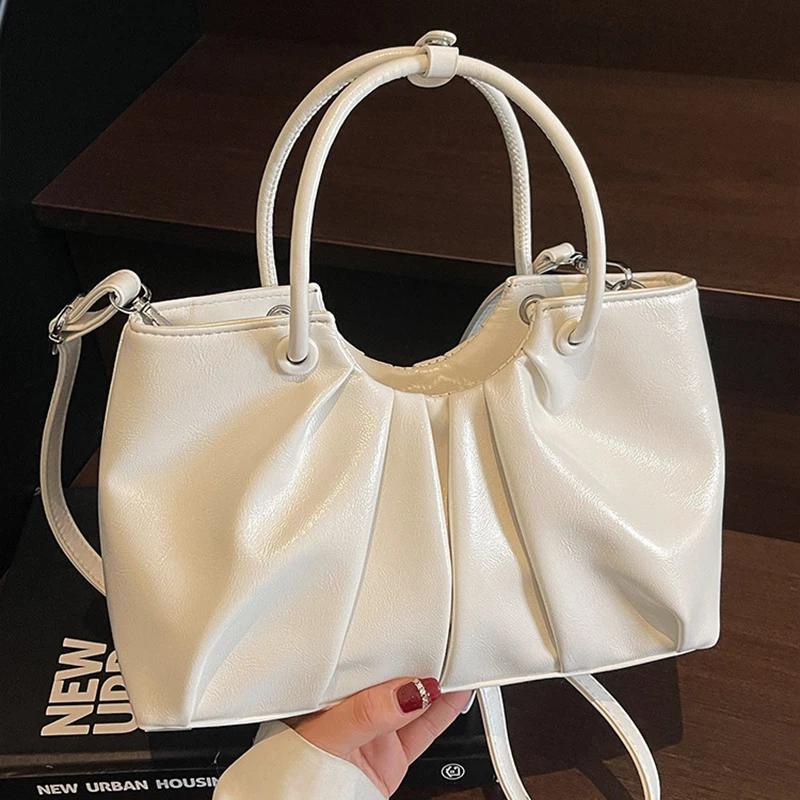 Vintage Pleated Women Crossbody Bag Fashion Pu Leather Tote Bucket Bag Large Capacity Commuting Shoulder Handbag