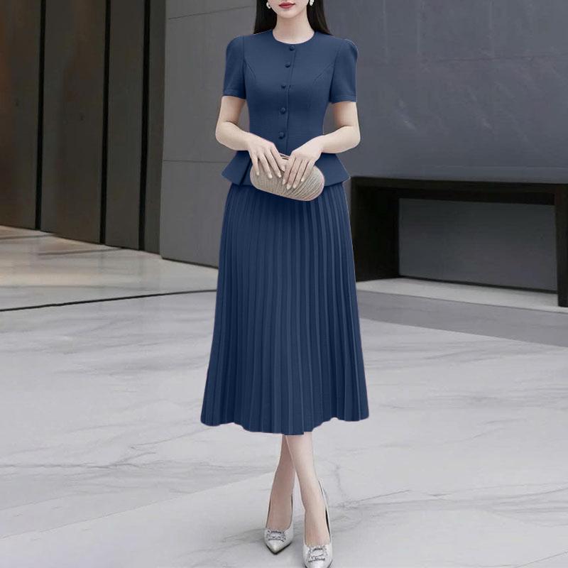 

ZANZEA Жіноча блузка з коротким рукавом та плісирована спідниця, повсякденний костюм-двійка S синій