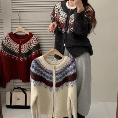 Premium Retro Schwerindustrie Fair Isle Rundhals Jacquard Reißverschluss Strickjacke Damen Weich Wachsartig Verdickt Pullover Jacke Winter