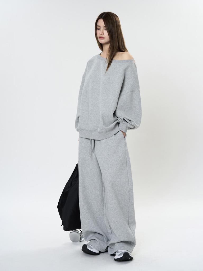 Louvre Spring Korean Athflow One-Shoulder Relaxed Sweatshirt for Women